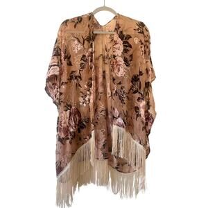Boho Floral Velvet Burnout Kimono Fringe Duster Romantic Western Shawl